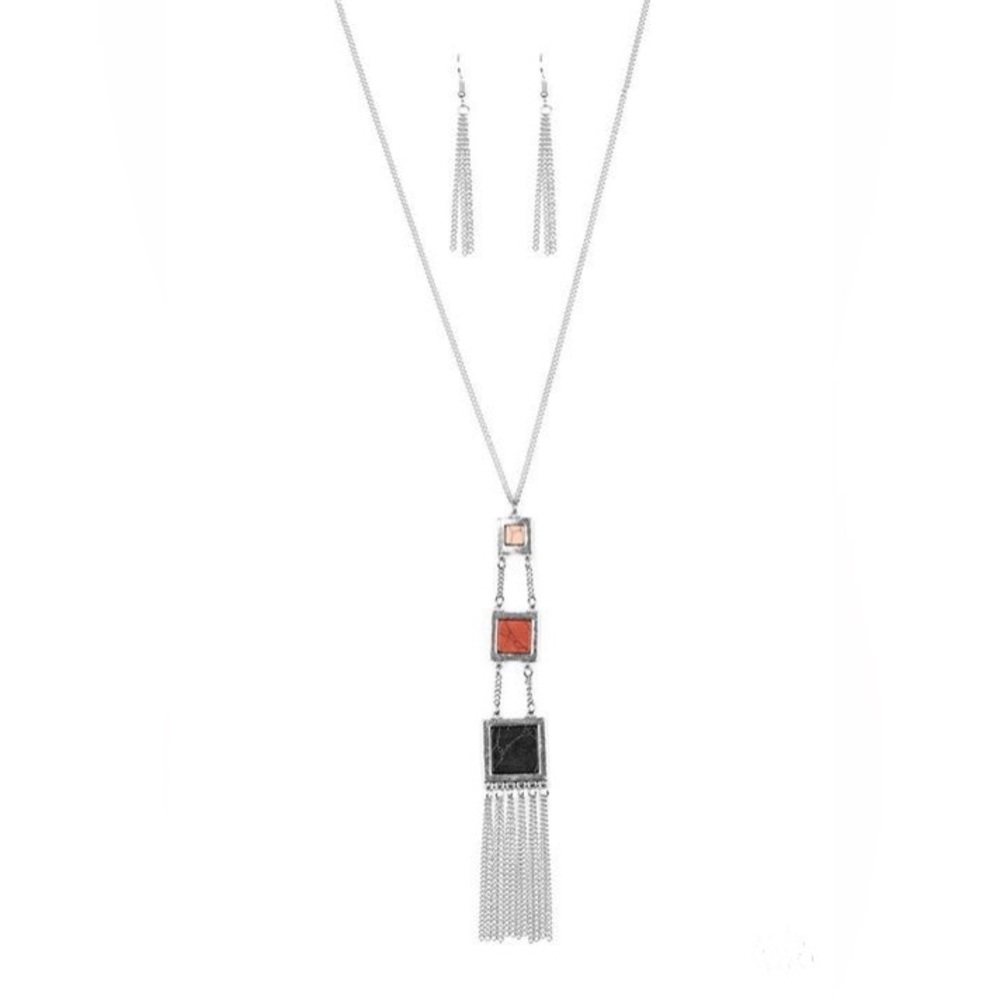 *Long silver multi color square pendant necklace.